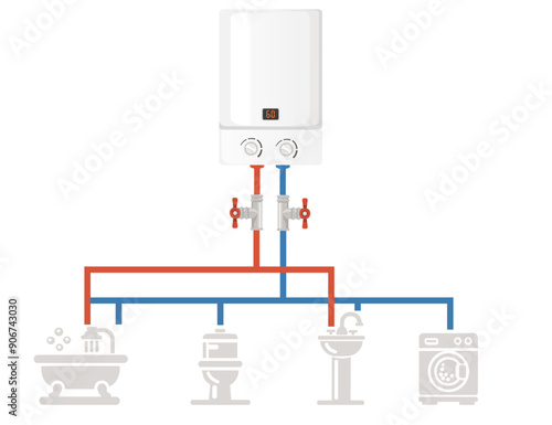 Diagram of a water heater's connections to household appliances such as a bathtub, toilet, sink, and washing machine. Hot and cold water pipes with valves. Vector illustration isolated