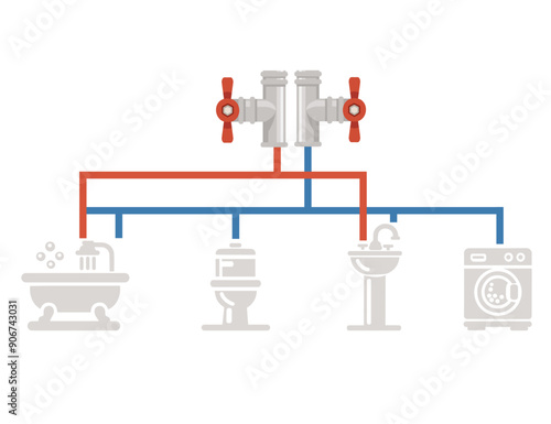 Diagram of a water heater's connections to household appliances such as a bathtub, toilet, sink, and washing machine. Hot and cold water pipes with valves. Vector illustration isolated