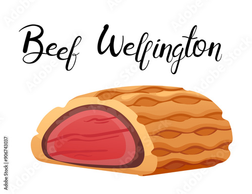 Tasty cuisine beef wellington. Delicious dish with handwritten label, making it ideal for gourmet recipes and culinary presentations. Vector illustration isolated on white background