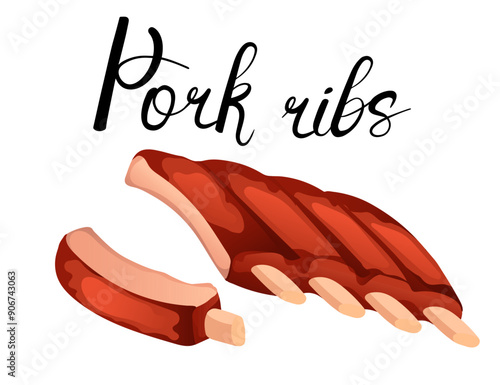 Tasty grilled pork ribs delicious dish. Meat are depicted with a glistening glaze. The elegant handwritten label suitable for BBQ menus and food art. Vector illustration isolated on white background