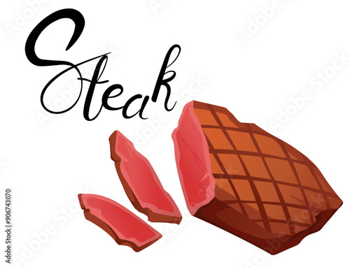 Tasty fried meat steak delicious dish. The stylish handwritten label ideal for steakhouse menus and culinary guides. Vector illustration isolated on white background