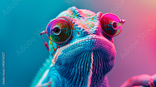 a chameleon wearing sunglasses in front of a colorful background