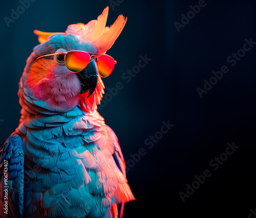 a cackatoo wearing sunglasses in front of a colorful background photo