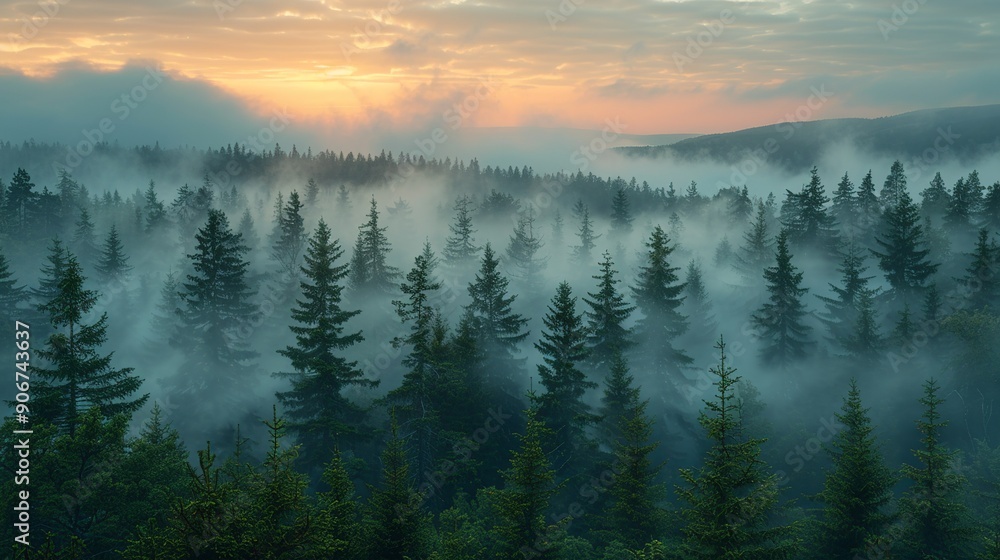 Stunning photograph of a forest at dawn with fog and distant smoke from wildfires, emphasizing the need for climate change action and the delicate balance of natural habitats. high resolution Stunning photograph of a forest at dawn with fog and distant smoke from wildfires, emphasizing the need for climate change action and the delicate balance of natural habitats. high resolution