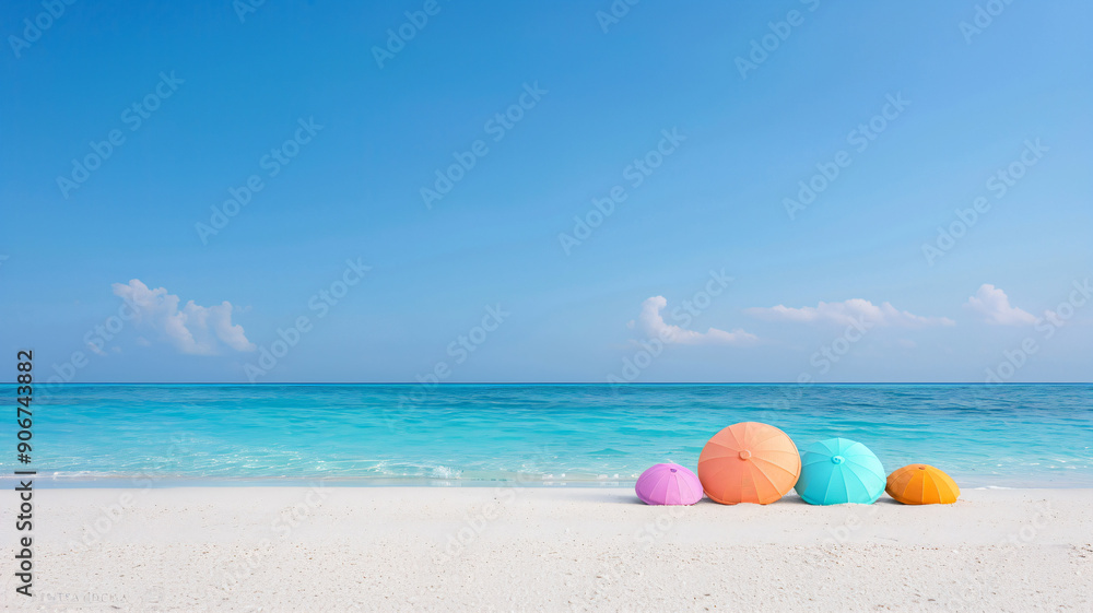 Colorful umbrellas on a serene beach with clear blue waters Colorful umbrellas on a serene beach with clear blue waters