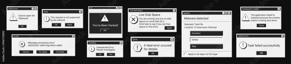 Naklejka premium Set of error window messages in black color. Warning dark digital messages in old style.