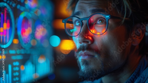 Financial Analyst Reviewing Data. Portrait of a financial analyst with glasses, analyzing colorful charts and graphs on a computer screen in a dimly lit room.