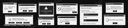 Set of error window messages in black color. Warning dark digital messages in old style.