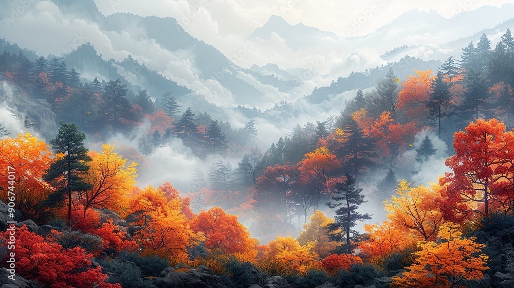Dynamic scene of a forest in autumn with vibrant foliage and a smoky haze, illustrating the impact of climate change on seasonal changes and the importance of environmental protection. high Dynamic scene of a forest in autumn with vibrant foliage and a smoky haze, illustrating the impact of climate change on seasonal changes and the importance of environmental protection. high