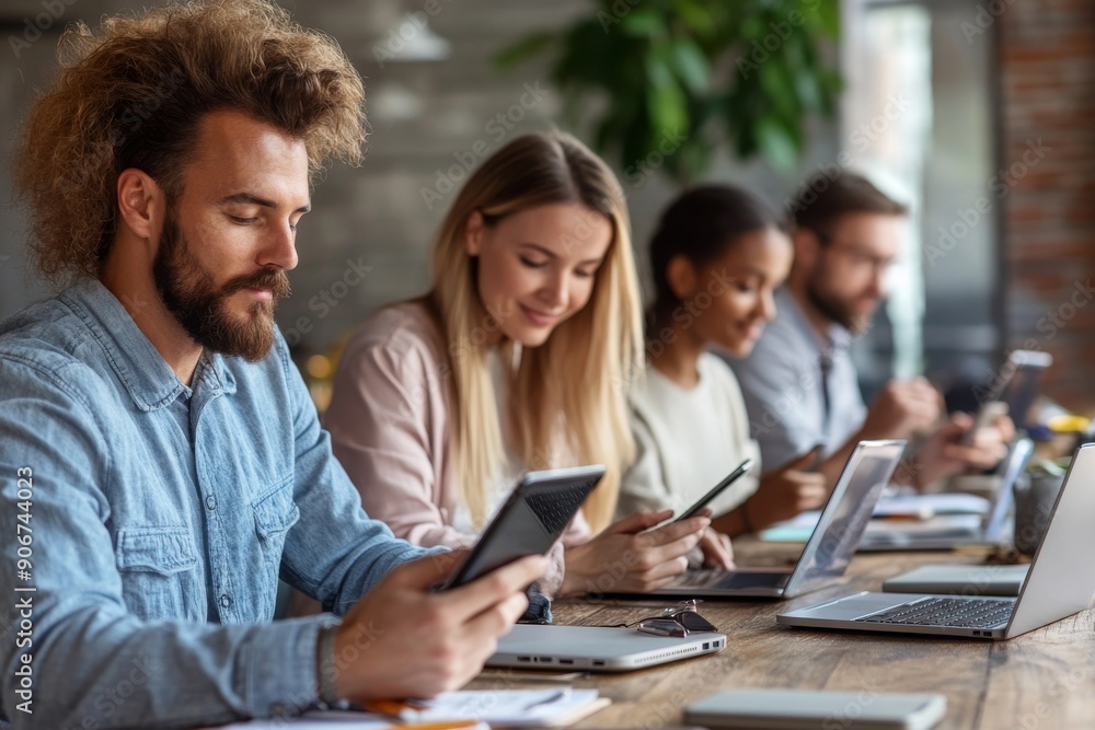Man Using Laptop with Colleagues in Background Man Using Laptop with Colleagues in Background