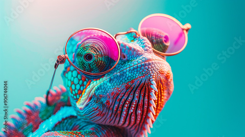 a chameleon wearing sunglasses in front of a colorful background