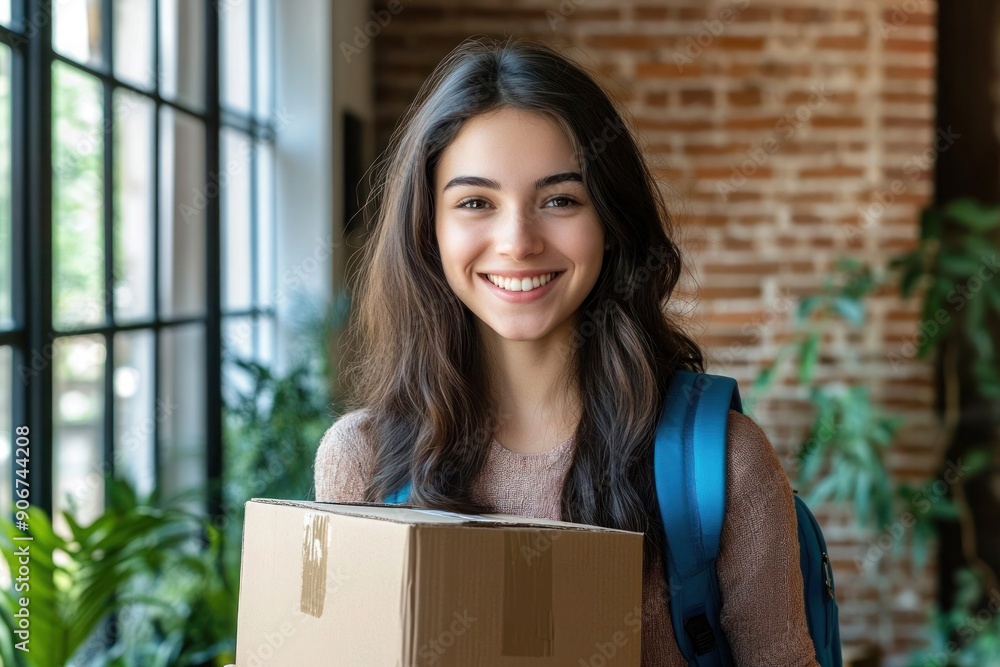 Female student holding a cardboard box in the hall of the dormitory building. Moving to a new college dorm. Female student holding a cardboard box in the hall of the dormitory building. Moving to a new college dorm.