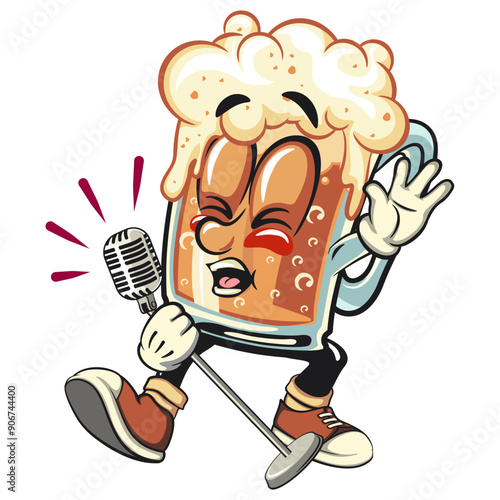 beer cartoon character retro vector design sing earnestly with maximum style, work of hand drawn