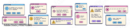 Nostalgic retro operating system illustrations. Error retro windows with messages.