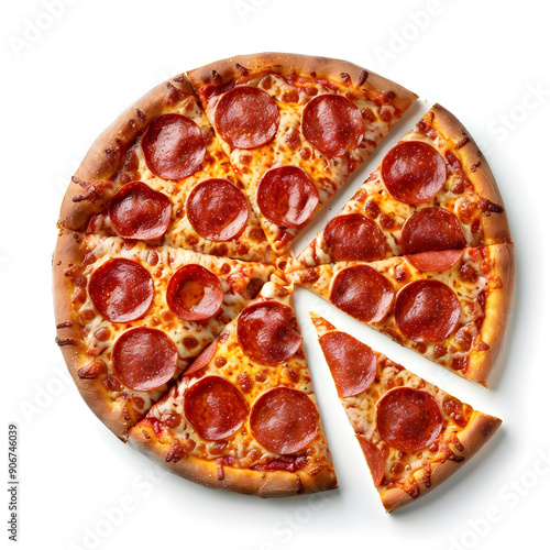 Freshly baked pepperoni pizza with crust being sliced on white background