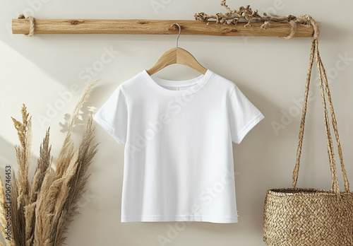 Minimalist white t-shirt mockup for presentation sublimation designs in scandinavian boho interior with minimalistic handmade decoration, like as wicker straw basket and plants
