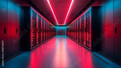 Futuristic data center with glowing red and blue lights, rows of server racks, high-tech interior, modern technology infrastructure, symmetrical corridor, neon lighting