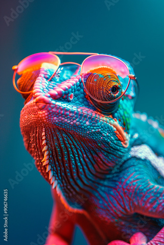 a chameleon wearing sunglasses in front of a colorful background