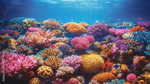 Fototapeta Naklejka Na Ścianę i Meble -  A colorful coral reef scene underwater, emphasizing the impacts of global warming on marine ecosystems and the need for conservation and environmental protection. high resolution Illustration, in the