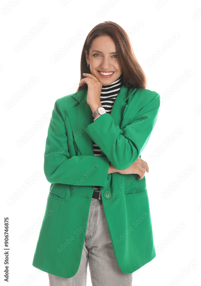 Beautiful woman in stylish green jacket on white background Beautiful woman in stylish green jacket on white background