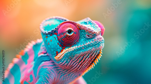 a chameleon wearing sunglasses in front of a colorful background