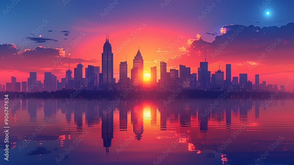 A dynamic city skyline at dusk with clean energy infrastructure, showcasing the benefits of sustainability and the importance of reducing global warming impacts. high resolution Illustration, in the A dynamic city skyline at dusk with clean energy infrastructure, showcasing the benefits of sustainability and the importance of reducing global warming impacts. high resolution Illustration, in the