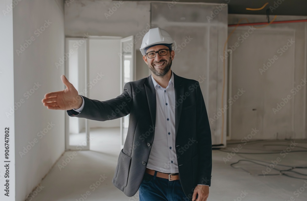 Smiling real estate agent in helmet, offering handshake, professional introduction, construction site tour Smiling real estate agent in helmet, offering handshake, professional introduction, construction site tour