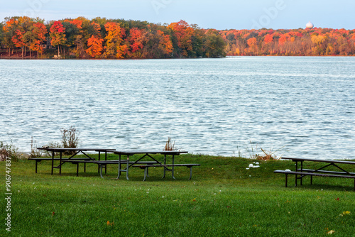 Pike Lake diistant west shoreline as seen from the eastern picnic area within Pike Lake Unit, Kettle Moraine State Forest, Hartford, Wisconsin in the early monring in mid-October photo