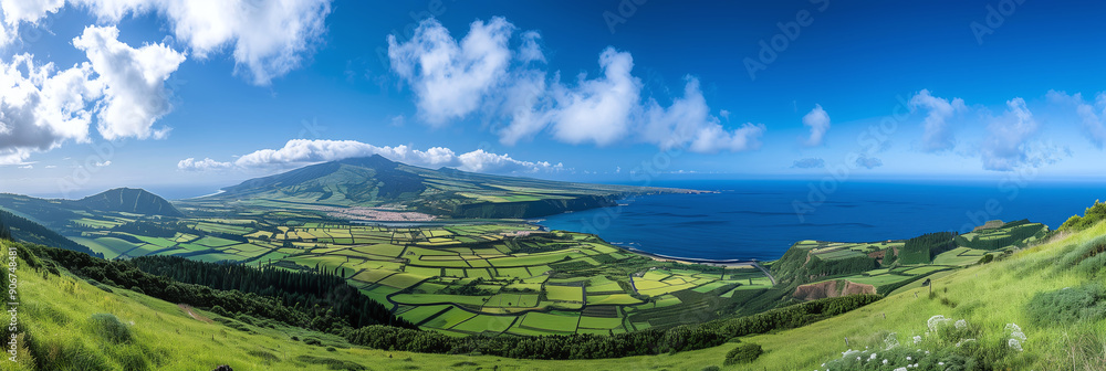 Fototapeta premium Panoramic View of Faial Island's Green Fields and Coastline, Azores, Portugal