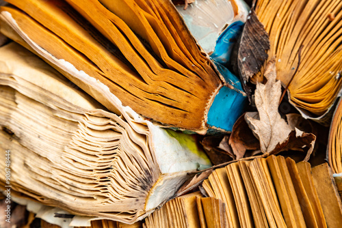 Close up. Background. Old, damaged wet books.  