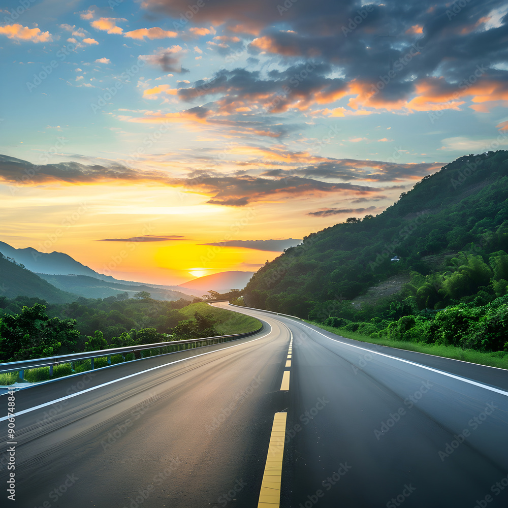 Winding asphalt highway road leading through a green mountain landscape at sunset Winding asphalt highway road leading through a green mountain landscape at sunset