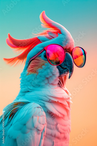 a cackatoo wearing sunglasses in front of a colorful background photo