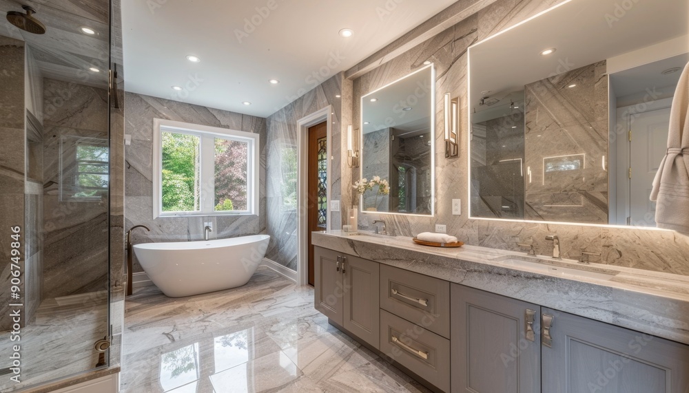 Luxurious Modern Hotel Bathroom: Elegant Marble Surfaces, Freestanding ...