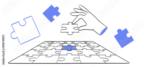Hand connect jigsaw last puzzle pieces together,. Business strategy, success solution, jigsaw games symbol. Unity synergy metaphor. Creative idea, connection, challenge concept. Isolated on white.