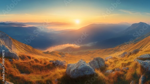 Majestic Mountain Range Sunrise with Fog and Rocks