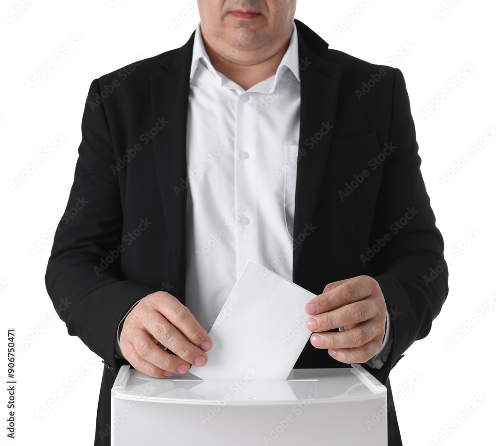 Man putting his vote into ballot box against white background, closeup Man putting his vote into ballot box against white background, closeup