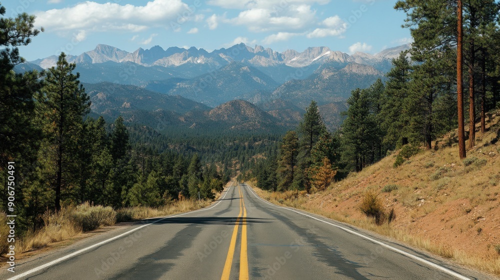 Majestic Mountain View: Scenic Road Surrounded by Pine Trees in a Nature's Grandeur Setting Majestic Mountain View: Scenic Road Surrounded by Pine Trees in a Nature's Grandeur Setting