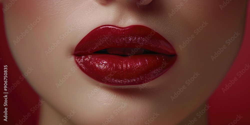 Obraz premium Close up of sensual big plump red female lips on simple colored background with copy space