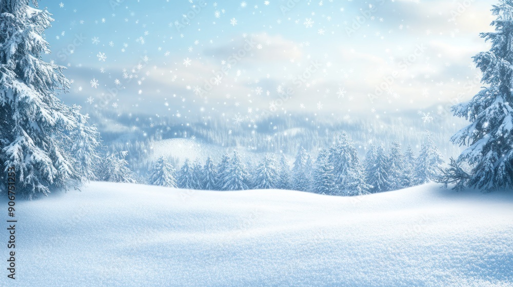 Snowy Landscape with Pine Trees and Falling Snowflakes Snowy Landscape with Pine Trees and Falling Snowflakes