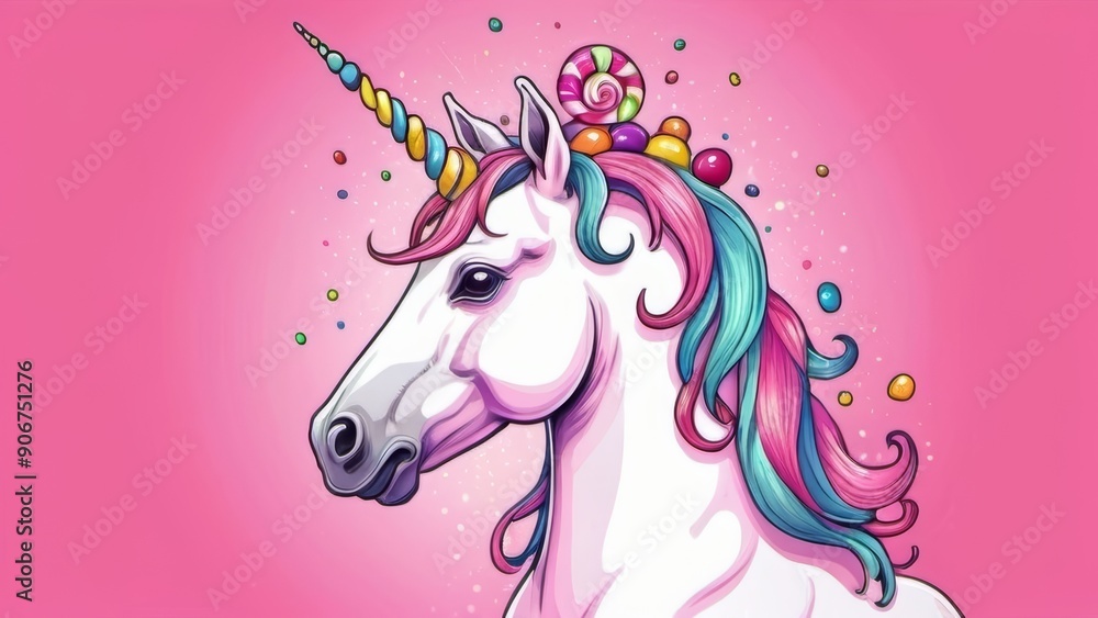 Fototapeta premium Vibrant unicorn with colorful hair on a pink background, surrounded by candy pieces.