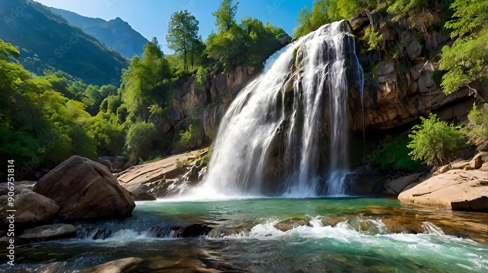 Naklejka premium Beautiful mountain waterfalling background image and use it as your wallpaper. Ai generative