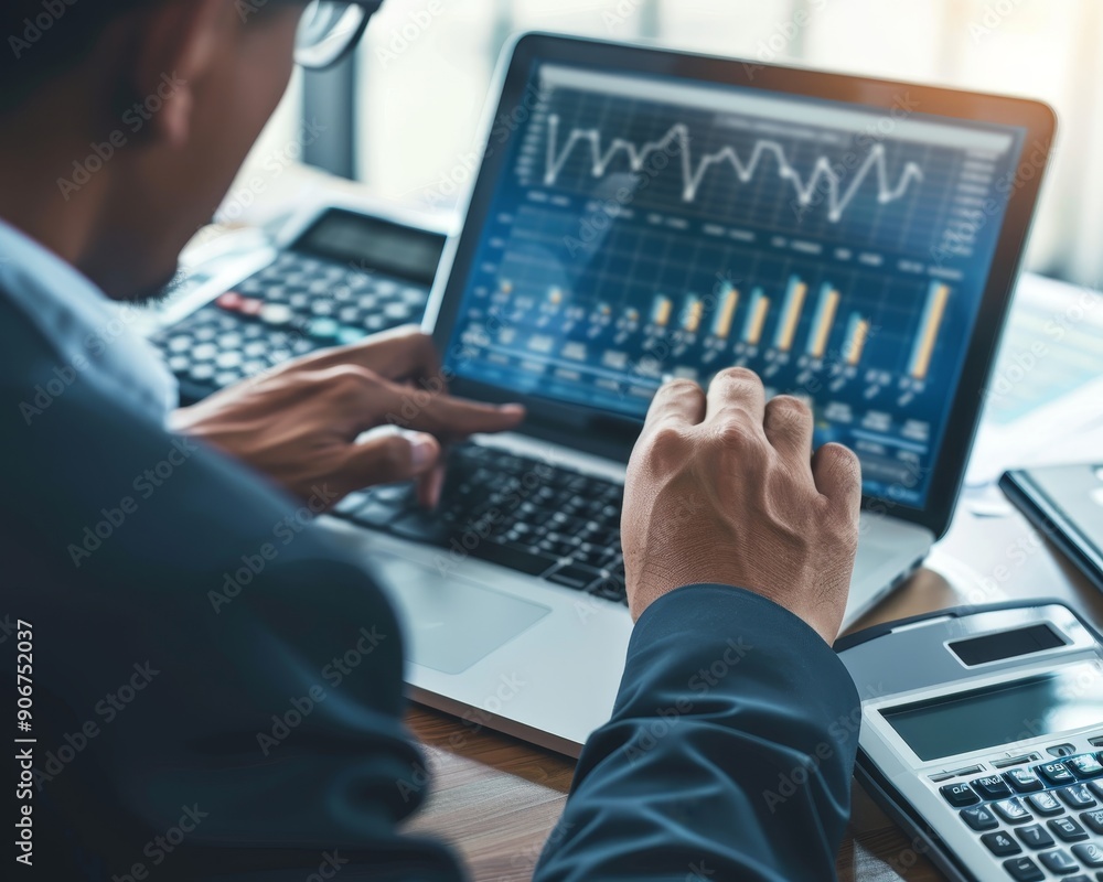 Businessman analyzing investment charts with laptop and calculator for financial planning Businessman analyzing investment charts with laptop and calculator for financial planning