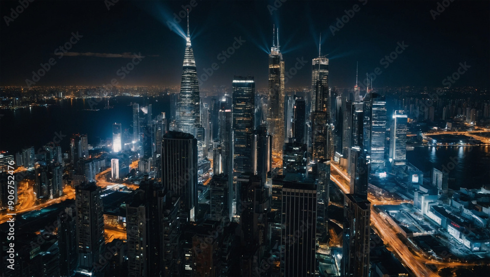 A view of a sparkling metropolis at night with the lights of tall buildings. A view of a sparkling metropolis at night with the lights of tall buildings.