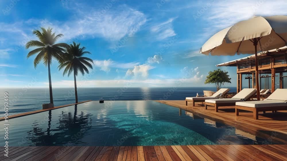 luxury resort with water pool on the beach. Seamless looping 4k video animation