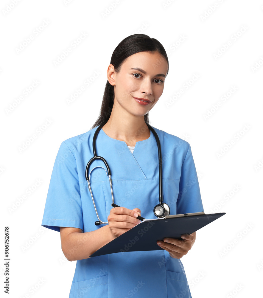 Beautiful nurse with clipboard writing notes on white background Beautiful nurse with clipboard writing notes on white background