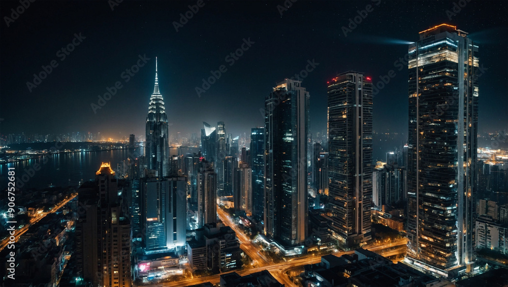 Obraz premium A view of a sparkling metropolis at night with the lights of tall buildings.