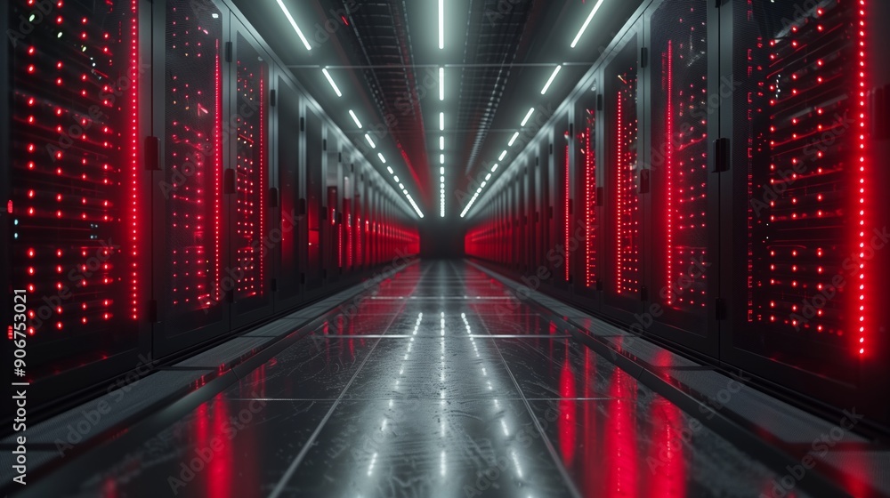 A sleek corridor lined with server racks illuminated by red LED lights, showcasing a state-of-the-art data center atmosphere. A sleek corridor lined with server racks illuminated by red LED lights, showcasing a state-of-the-art data center atmosphere.