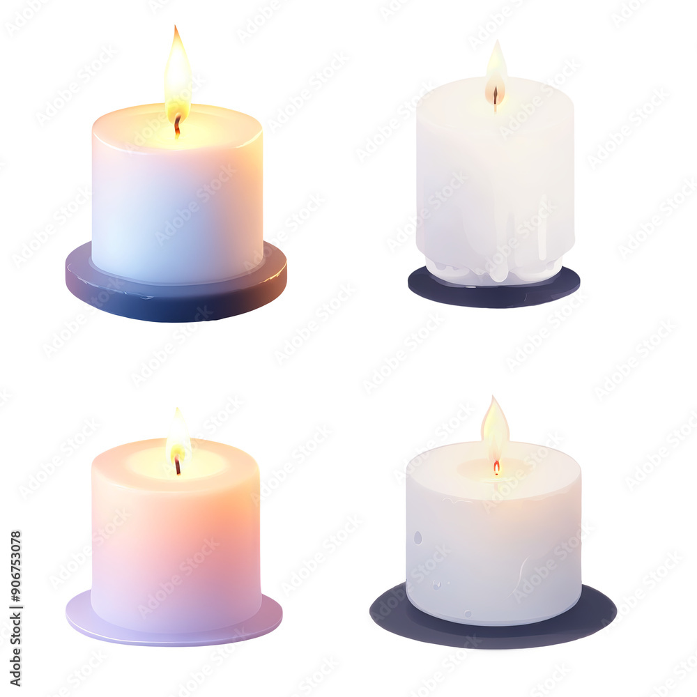 Four different decorative candles icon set displayed on simple holders with soft lighting enhancing their warmth on isolated background Four different decorative candles icon set displayed on simple holders with soft lighting enhancing their warmth on isolated background