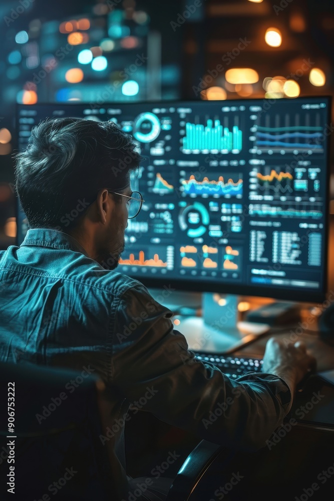 Man Analyzing Data on Multiple Monitors in a Dimly Lit Office with Modern Technology and Analytics Man Analyzing Data on Multiple Monitors in a Dimly Lit Office with Modern Technology and Analytics