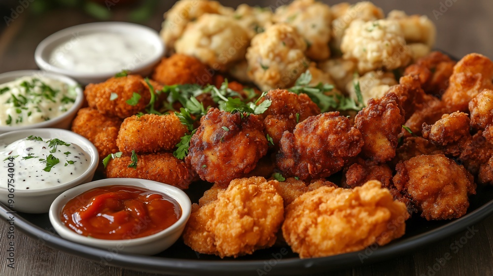 A beautifully arranged platter of nuggets with a variety of international sauces, representing different culinary cultures A beautifully arranged platter of nuggets with a variety of international sauces, representing different culinary cultures